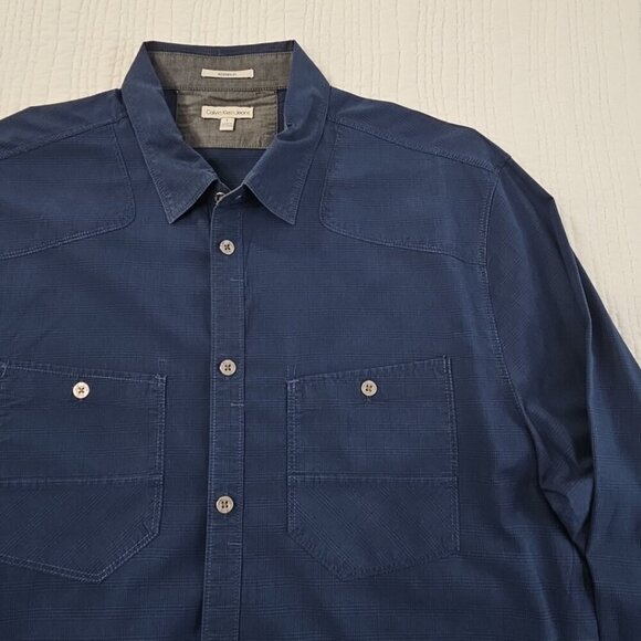 Calvin Klein Jeans Shirt Men's L Navy Blue Plaid Button Down Pockets EUC Luxe - Picture 6 of 15